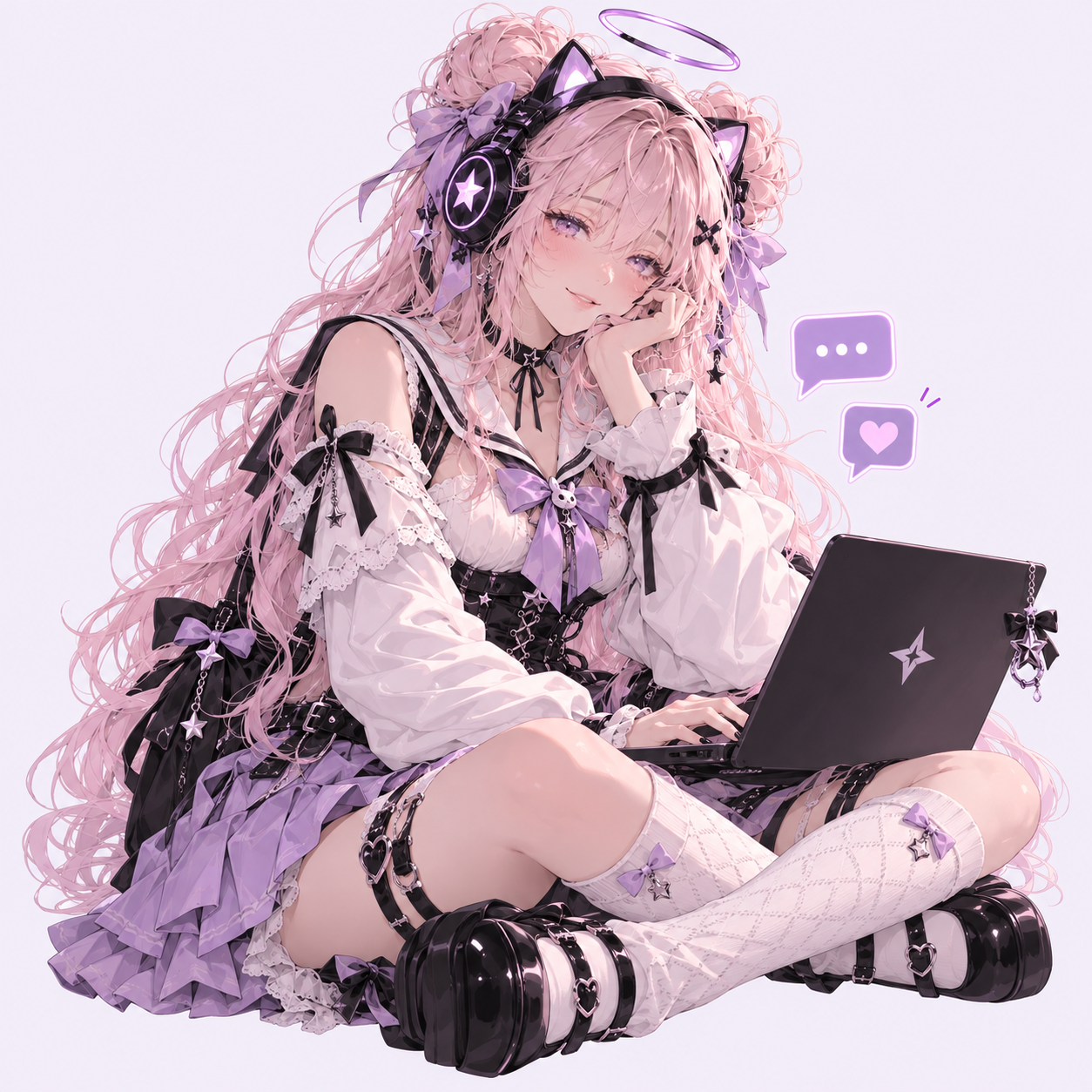 Sora using a laptop to organize conversations, with hearts and fan interests nearby